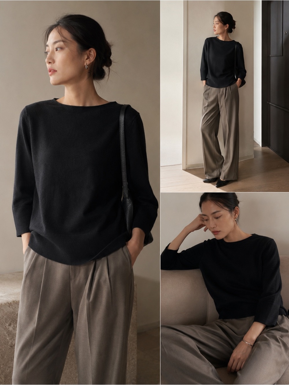 COS 100% Wool Black Ribbed Trim Sweater Top Size L Scandinavian Minimalist